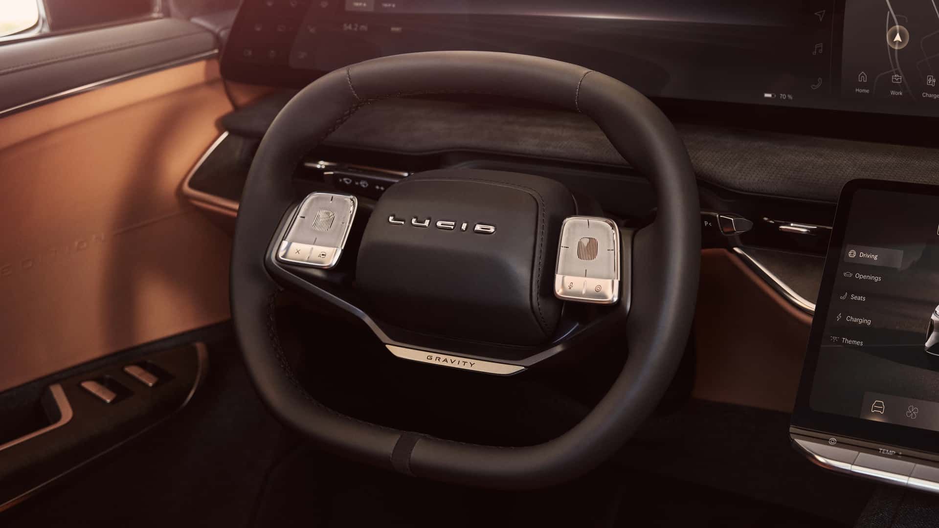The Lucid Gravity steering wheel, with a touch controller on each spoke.